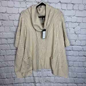 BCBGMaxAzria NWT Cream Taupe Chunky Cable Knit Cowl Neck Cozy Poncho Size Sm/Med